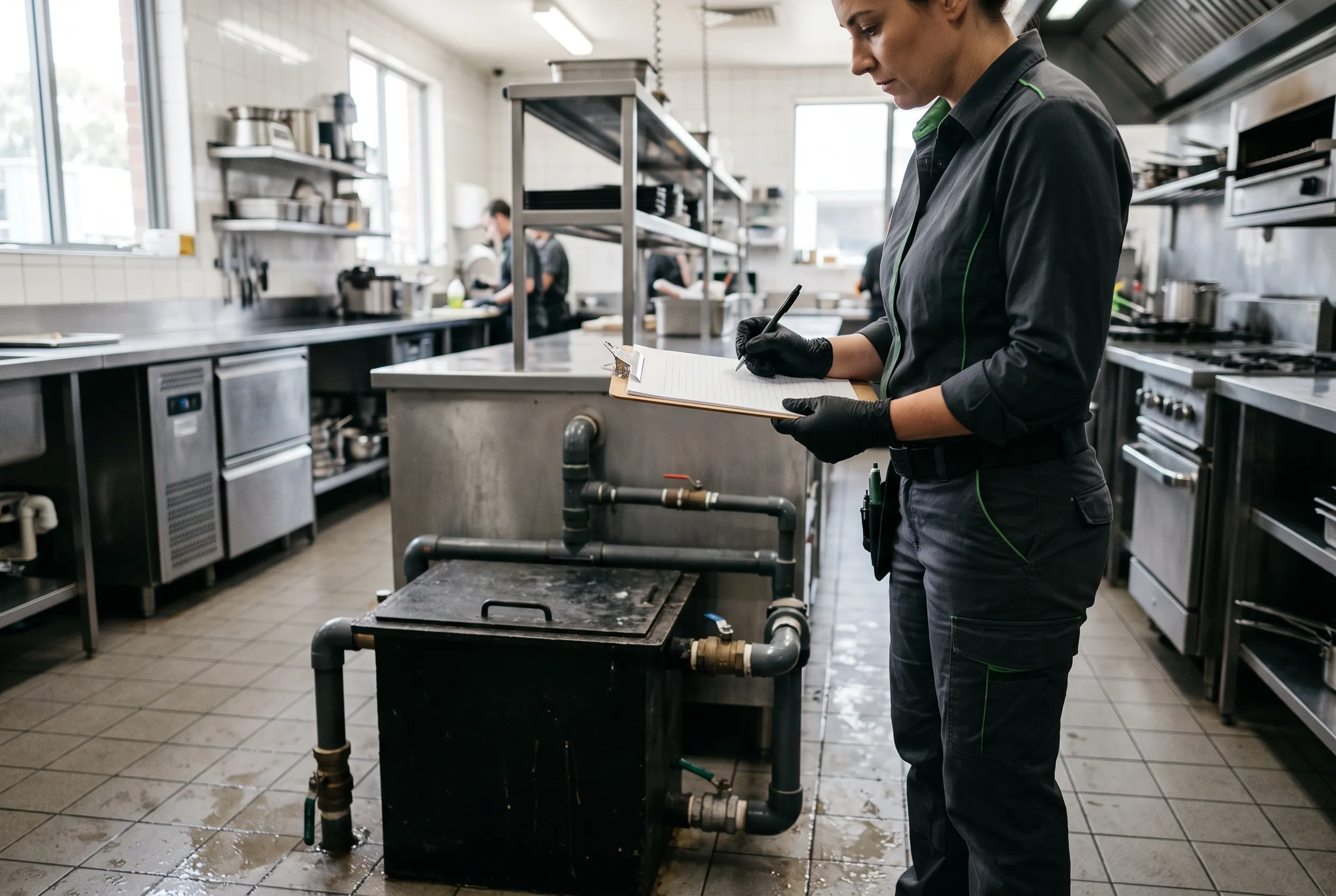 Inspector recording grease trap condition findings on a clipboard during a compliance audit