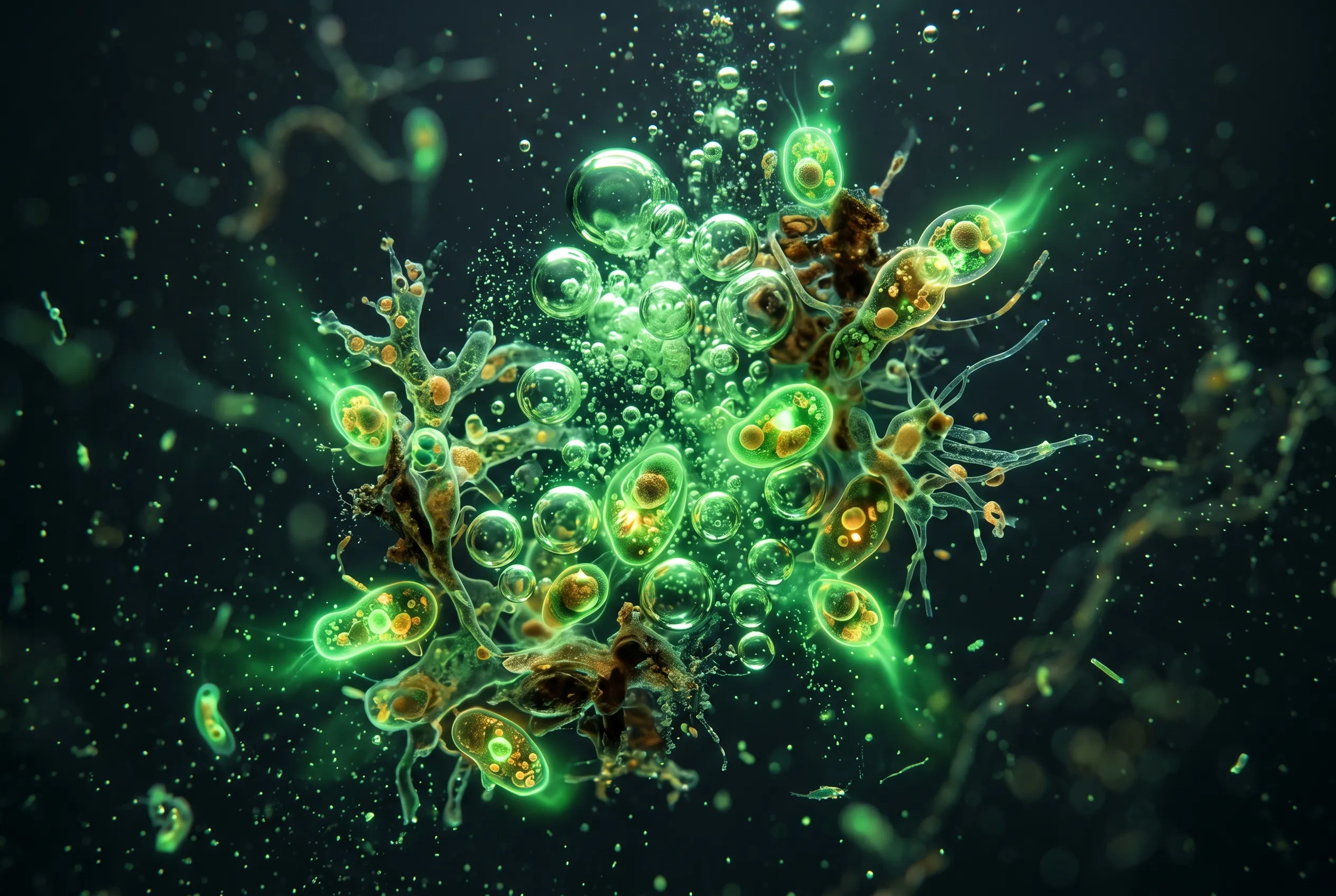 Abstract macro visualisation of bio-enzyme microbial digestion in water