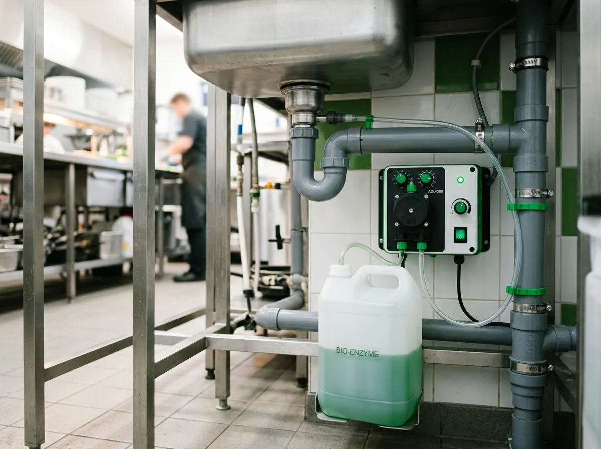 Automatic bio-enzyme dosing unit installed on commercial kitchen plumbing