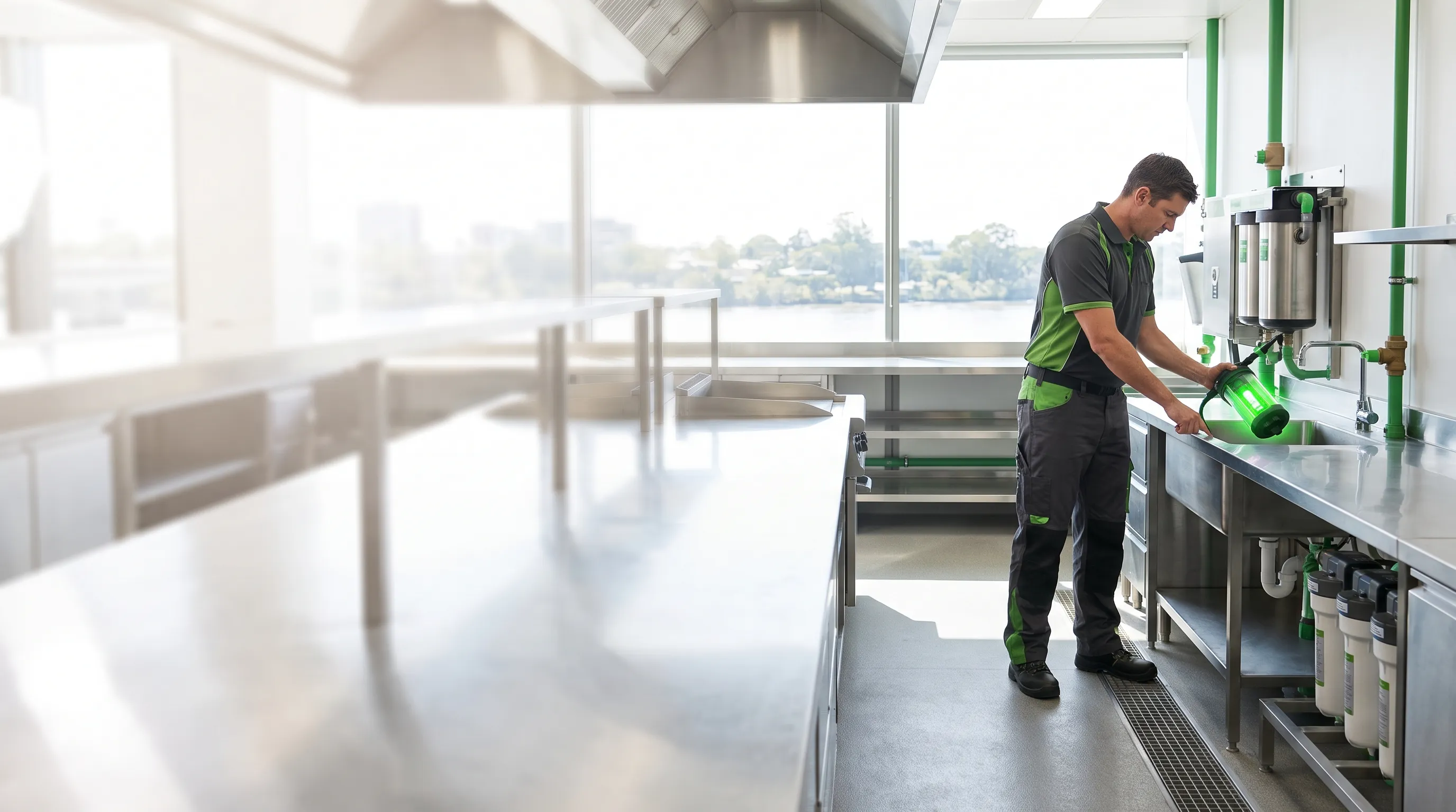 Technician servicing a bio-enzyme dosing unit in a bright commercial kitchen overlooking the Brisbane river