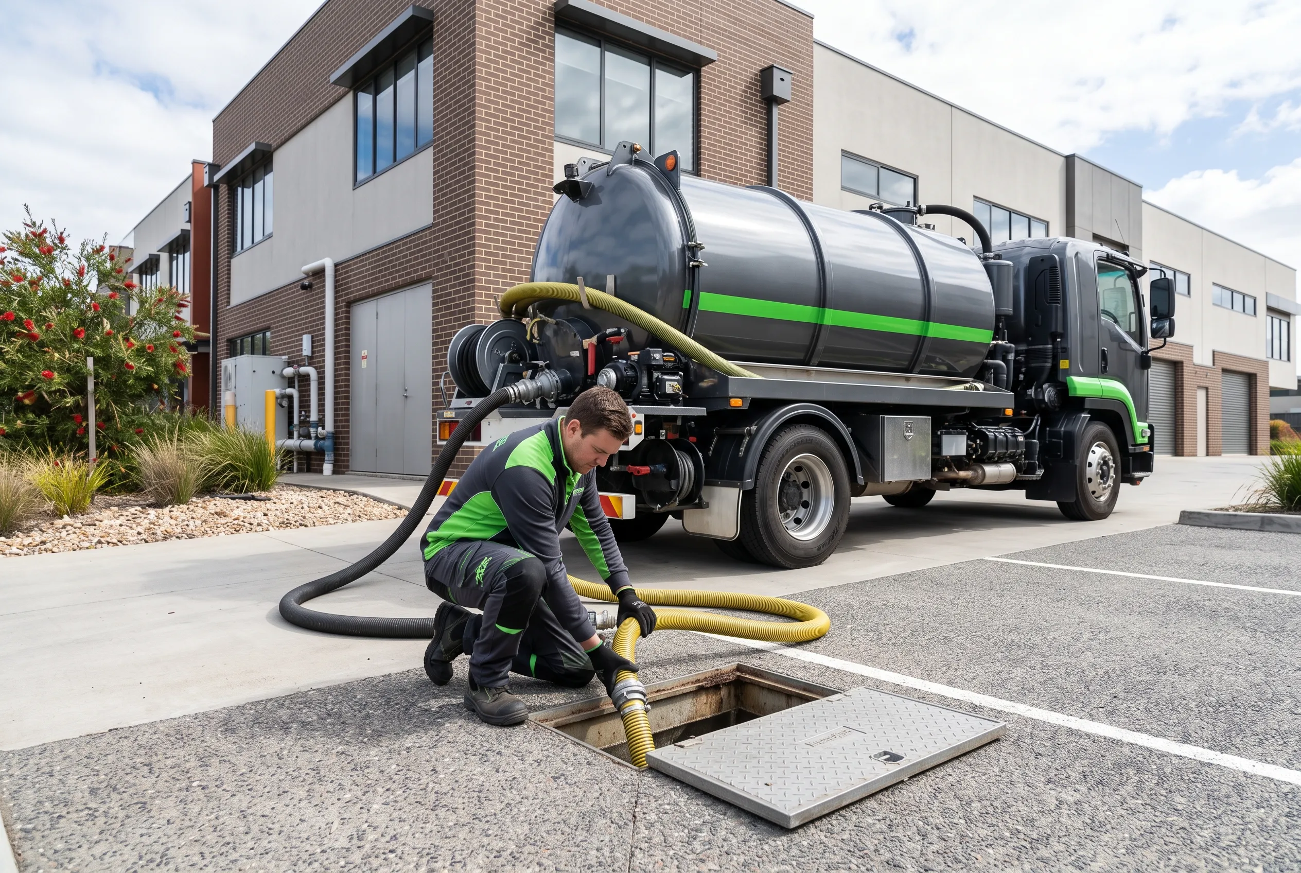 Liquid waste tanker technician connecting a hose to a grease trap for pump-out servicing