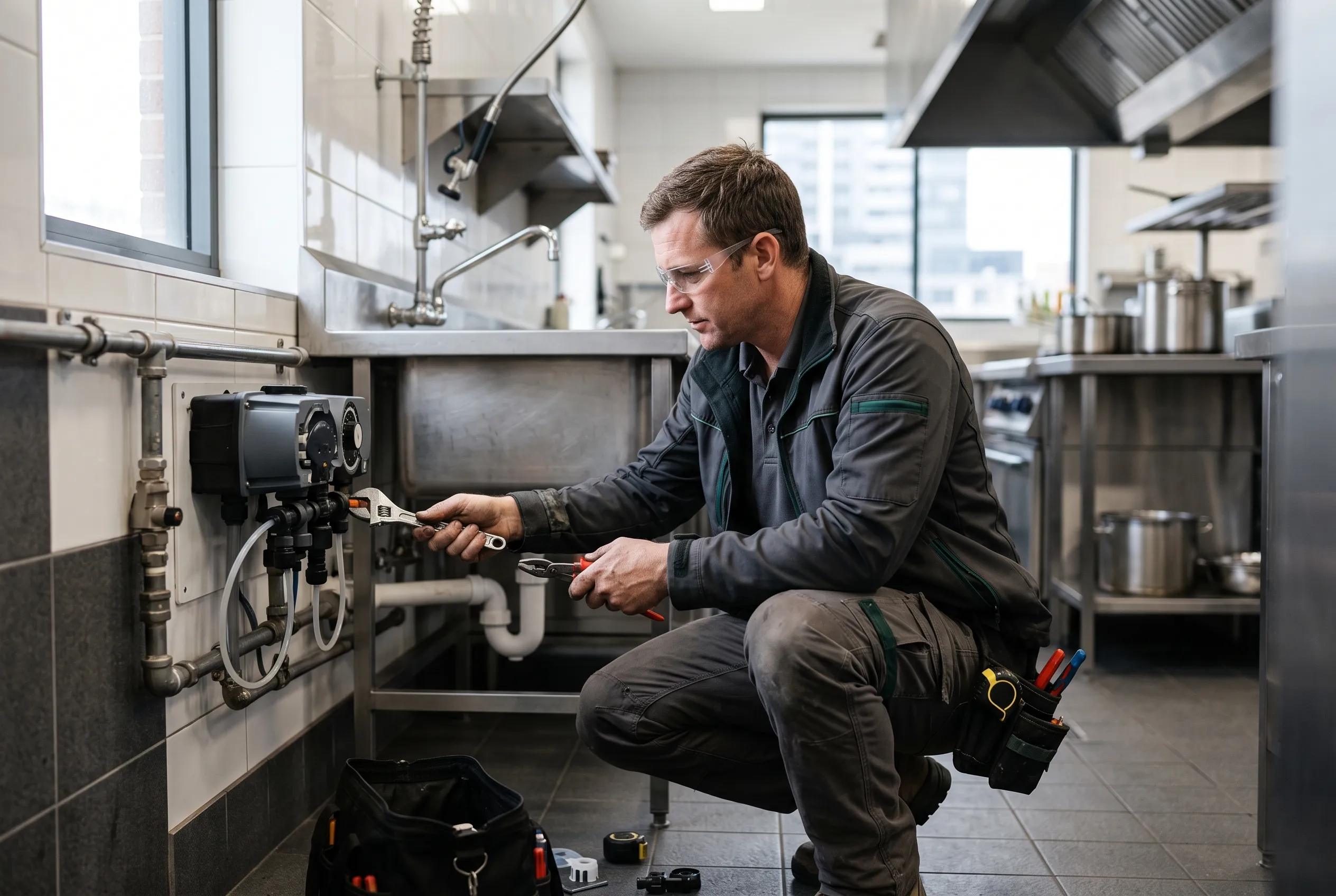 Licensed plumber servicing a commercial dosing unit under a kitchen sink